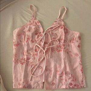 Embellished Pink Lace-Up Cami Top